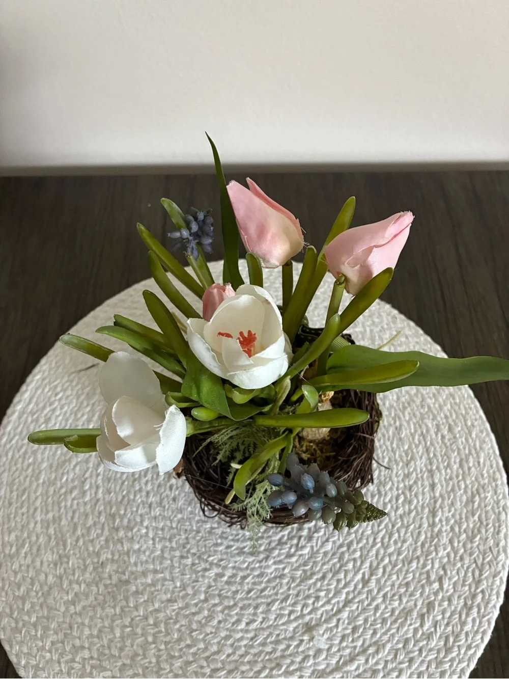 Pink & White Tulip Nest Arrangement with Green Ribbon - Home Accents